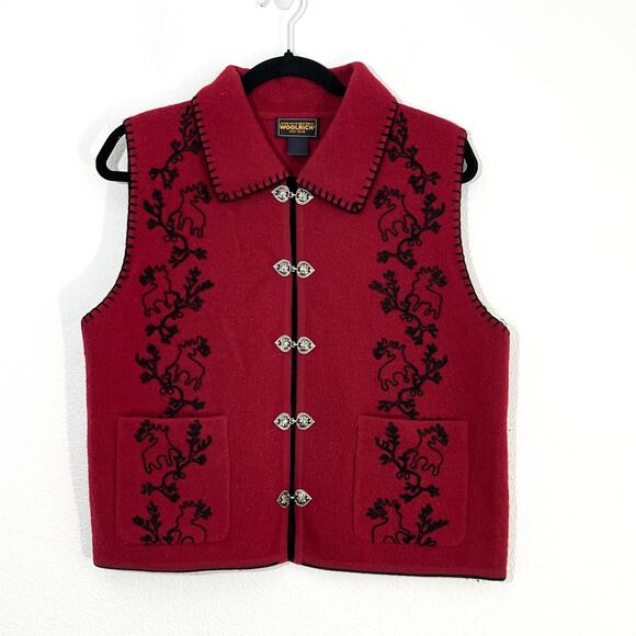 Vintage Woolrich Wool Embroidered Vest Womens M Holiday Deer Christmas 90s - Picture 1 of 6